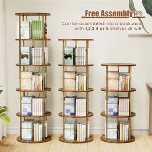 Flycity 3 Tier - 5 Tier Rotating Bookshelf Tower,360° Display Unique Round Bookcase, Floor Standing Corner Revolving Storage Organizer Furniture Wood Organizing Study Table