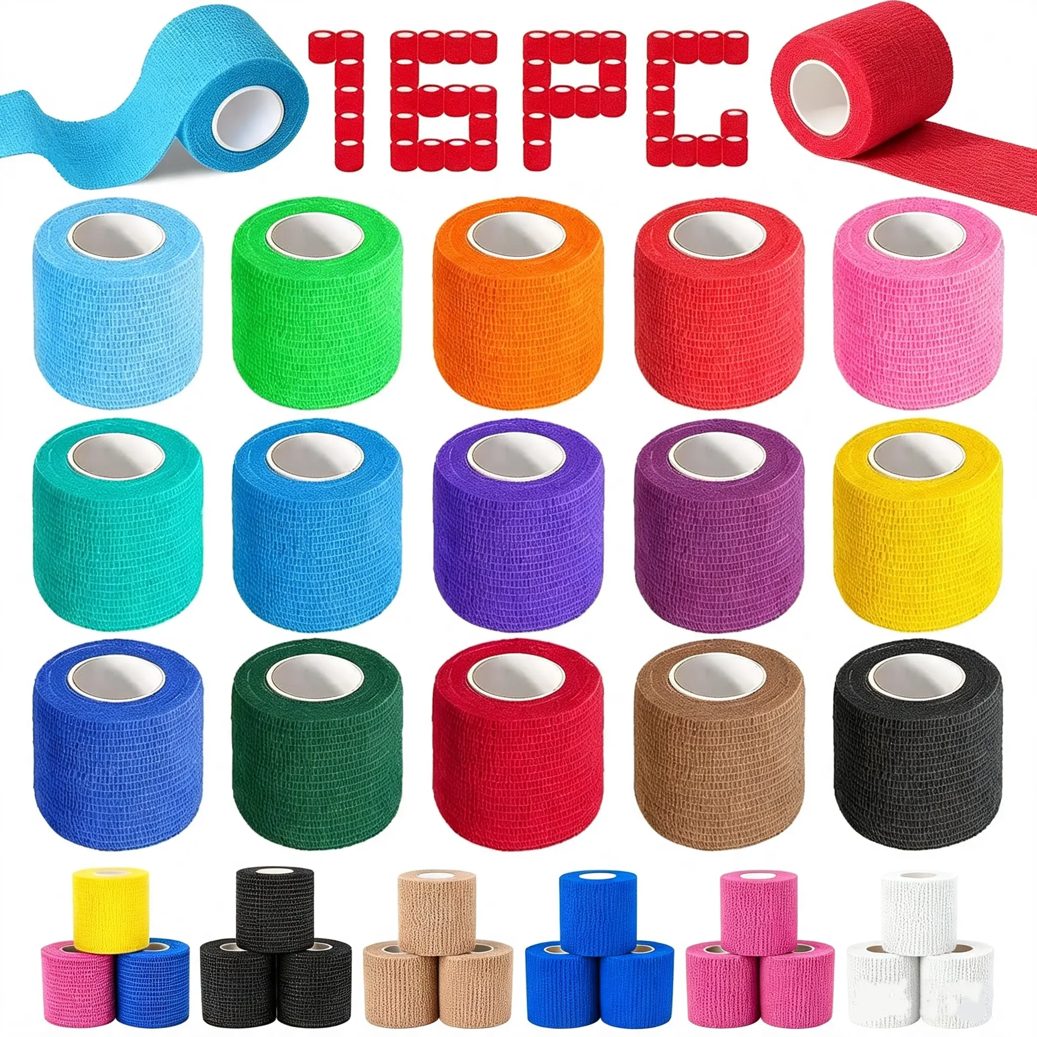 16-Pack 2"x5yd Self-Adhesive Elastic Cohesive Bandage Wrap, Color Athletic Tape for Sports, Martial Arts, Vet & Ankle Support, 2X5yd