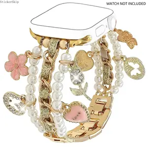 2026 Pearl Heart Suitable for Apple Watch Band – Beaded Cuban Chain Bracelet Strap for Women, Aesthetic Fashion Watch Band Fits 38–49mm (Series 1–10 & SE & Ultra)