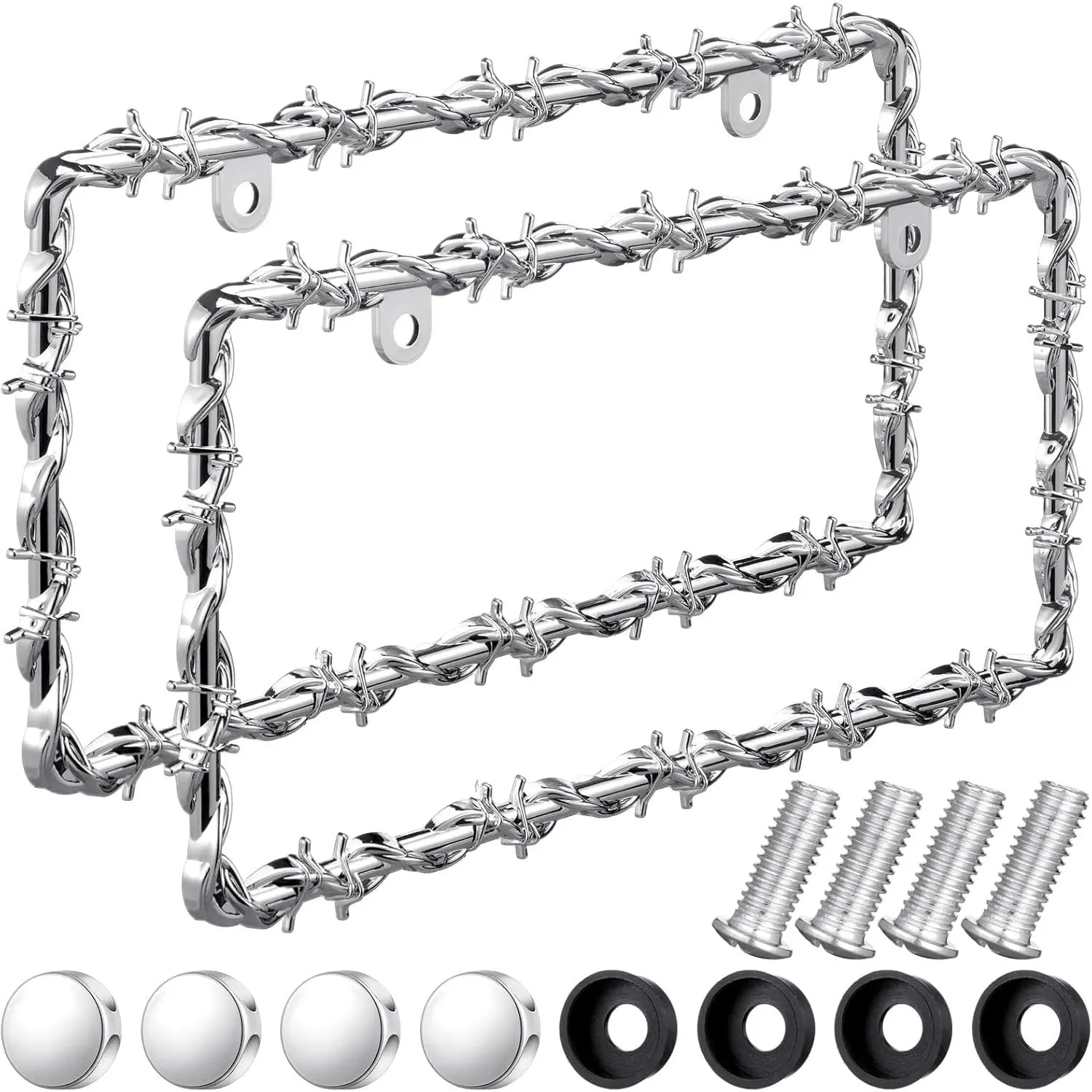 2 Pcs Universal License Plate Frame Plastic Barbed Wire Coconut Design Frame Compatible with Standard License Plate for USA 2 Holes with Screws for Women Men(Silver)