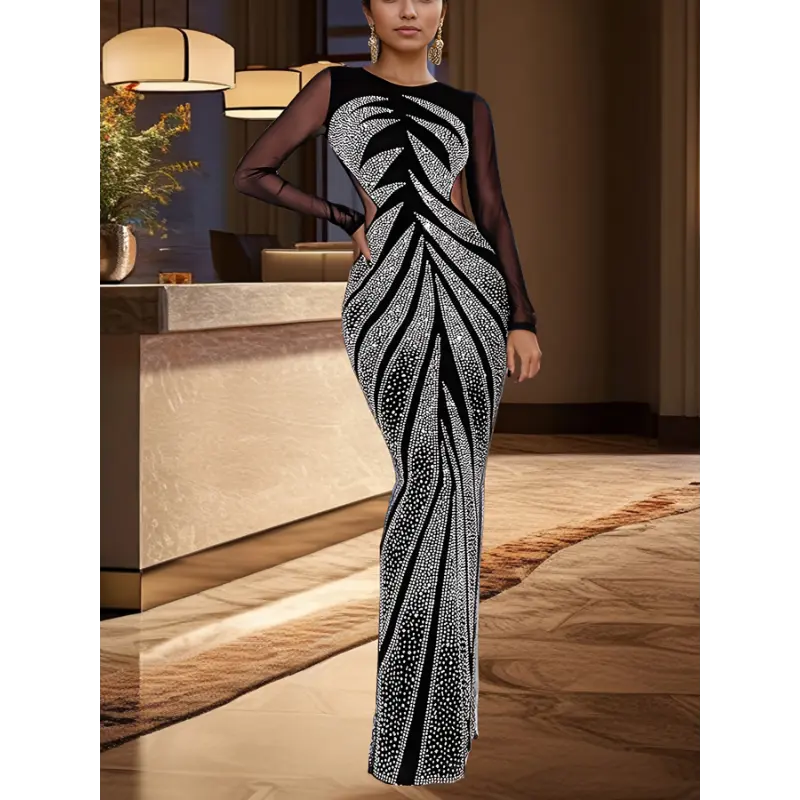 Women's Polyester Long Sleeve Glamorous Formal Dress - Round Neck, Panel Mesh, Wrap-Up Design, Shiny Rhinestones, Back Slit, Fabric-Fit Elegant Party Wear, Longsleeves