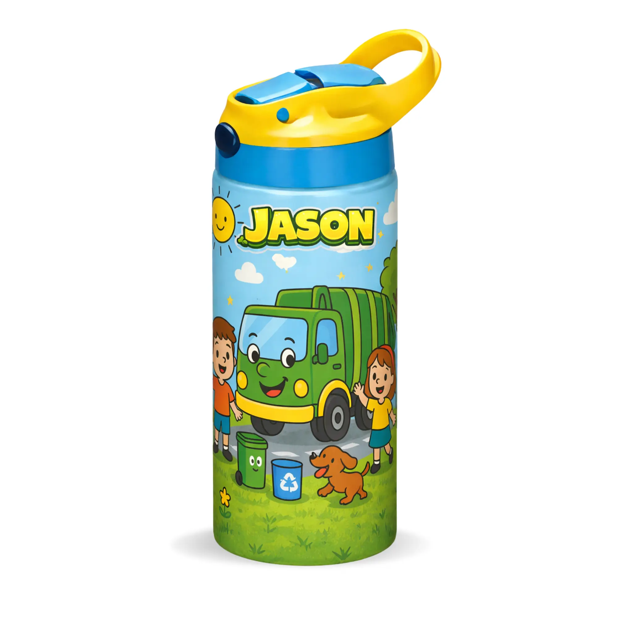 Personalized Garbage Truck Kids Water Bottle | Custom Name 12oz Stainless Steel Tumbler with Straw Lid | Recycling & Trash Truck Design | Gift for Boys & Girls | BPA-Free | Holiday & Birthday Gift