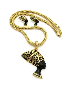 MaxBling81 Unisex Egyptian Nefertiti Themed Face Stud Earrings & Pendant Set with 4mm 18" Gold-Coated Franco Choker Chain Link Necklace, Daily Wear Costume Jewelry