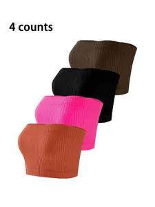 4-Pack Ribbed Tube Top Set Plus Size Casual Solid Color Bandeau Crop Top, Sleeveless, Stretchy Soft Fabric, Y2K Clothes Summer Daily Wear, Basic Tops, Comfortable Fit Casual Ensembles, Stylish Multi-Color Detail Party Casual Wear