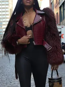 Women's Patchwork Fur Jacket, Crocodile Texture Sleeves, Zipper Design, Casual Biker Style, All Seasons Wear, Stylish & Luxurious Look（gift）