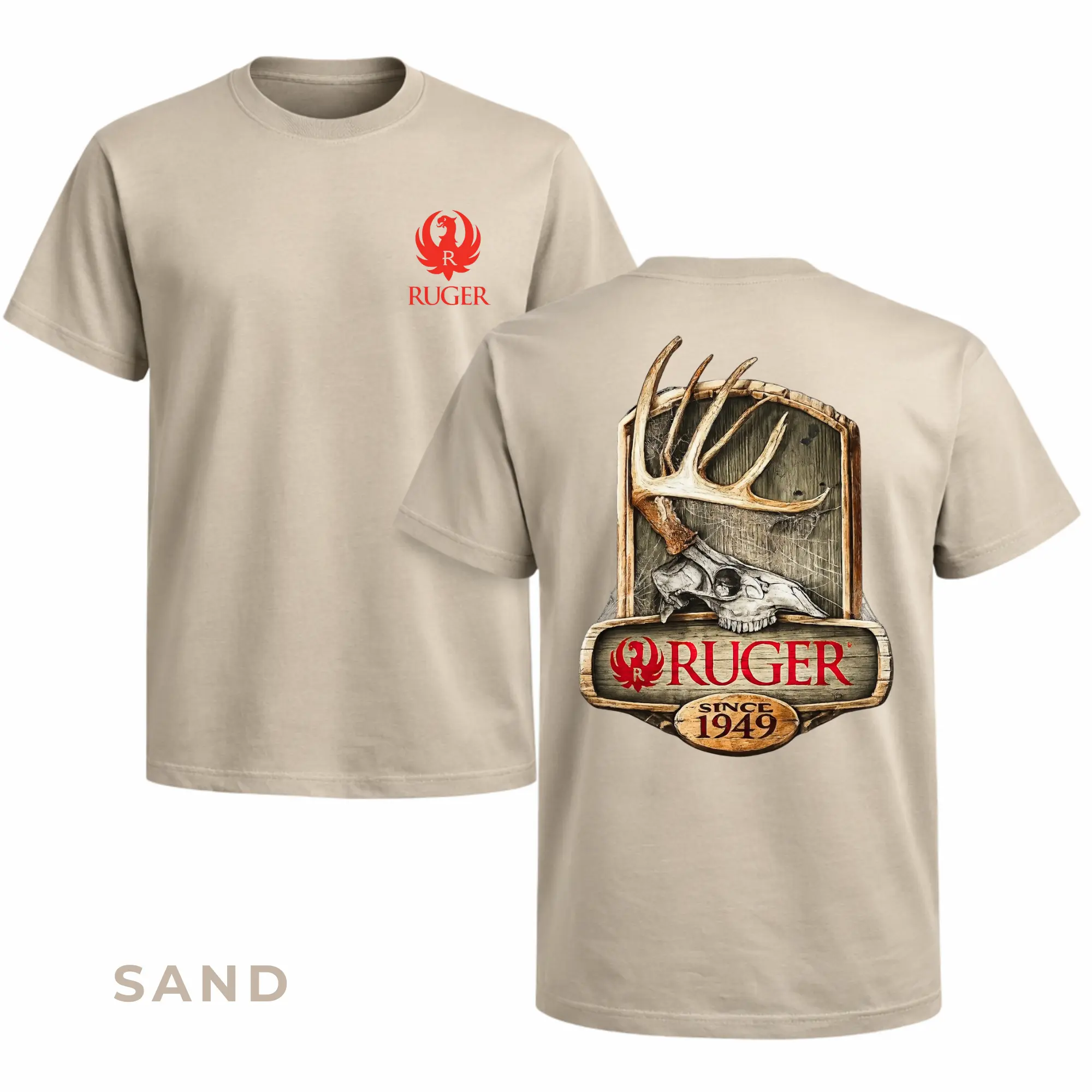 Ruger Hunting T-Shirt, Antler & Skull Graphic Design, Ruger Brand Apparel, Gift for Hunters and Outdoor Enthusiasts