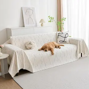 ComiComi Dustproof Couch Pad Washable Couch Covers for Sofa Soft Beige Chenille Sofa Covers for Armchair Sectional L Shaped Pet-Friendly Couch Cover Blanket Crinkled Anti Scratch with Tassles 71" x 91"