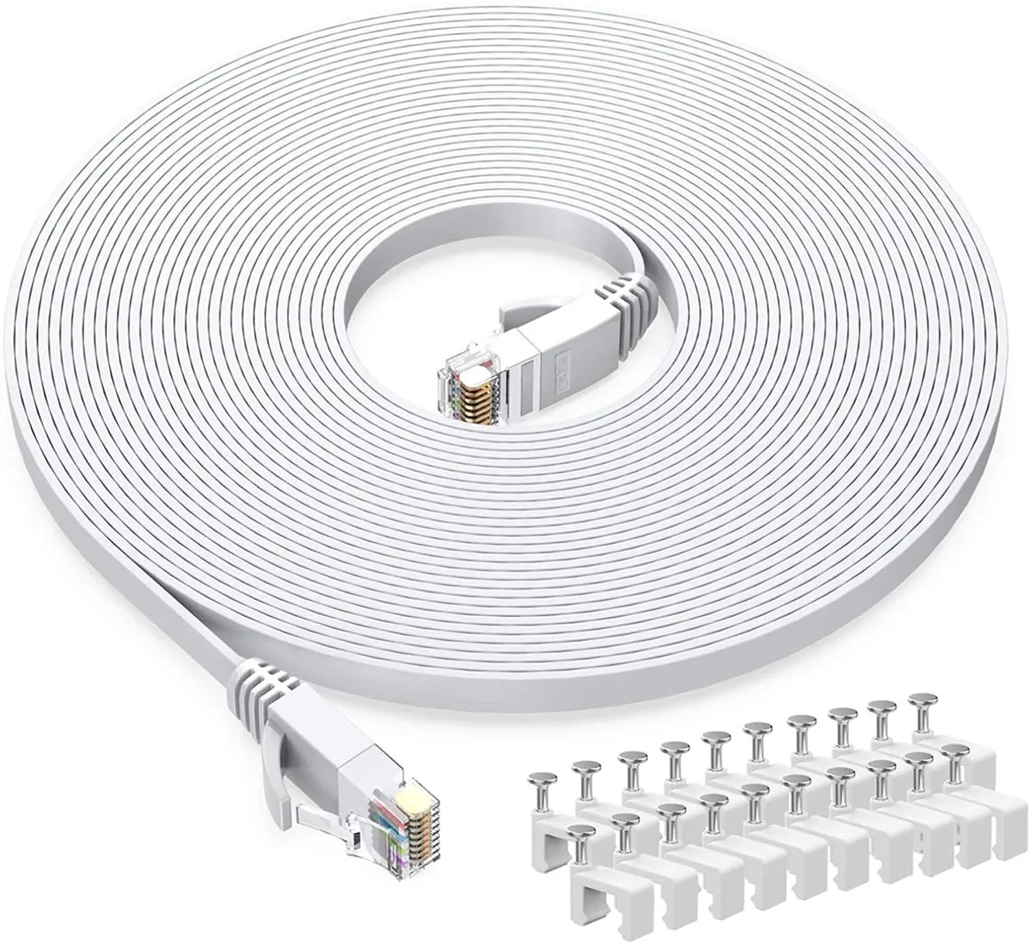 Cat6 Ethernet Cable 20 FT White - 1.5mm Thickness Flat Design with Flat RJ45 Connector for Computers, Internet LAN Network Patch Cord