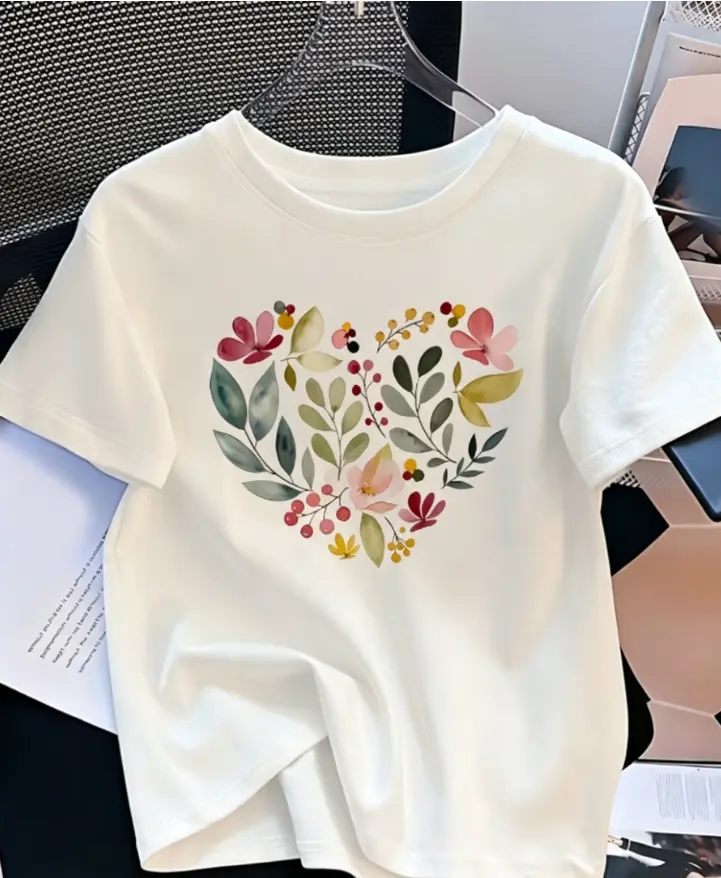 SohoChic Women's Casual Floral & Heart Print T-Shirt - Comfortable Fitted-Loose Crew Neck, Short Sleeve, Pastel Color, Everyday Soft Fabric Casual Wear, Shortsleeve