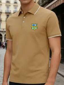 Men's Regular Fit Polo Shirt, High-End Fashion Fabric, Barcelona Football Team Logo Print, Comfortable Casual Sportswear