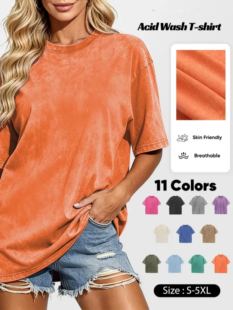 Women's Oversized H-Type Vintage Acid Washed Soft Cotton Round Neck Short-Sleeve Casual Top, Baggy Medium-Length All-Seasons Chinese New Year Streetwear, Foldable Plain S-3XL, Gentle Wash Only - Do Not Bleach