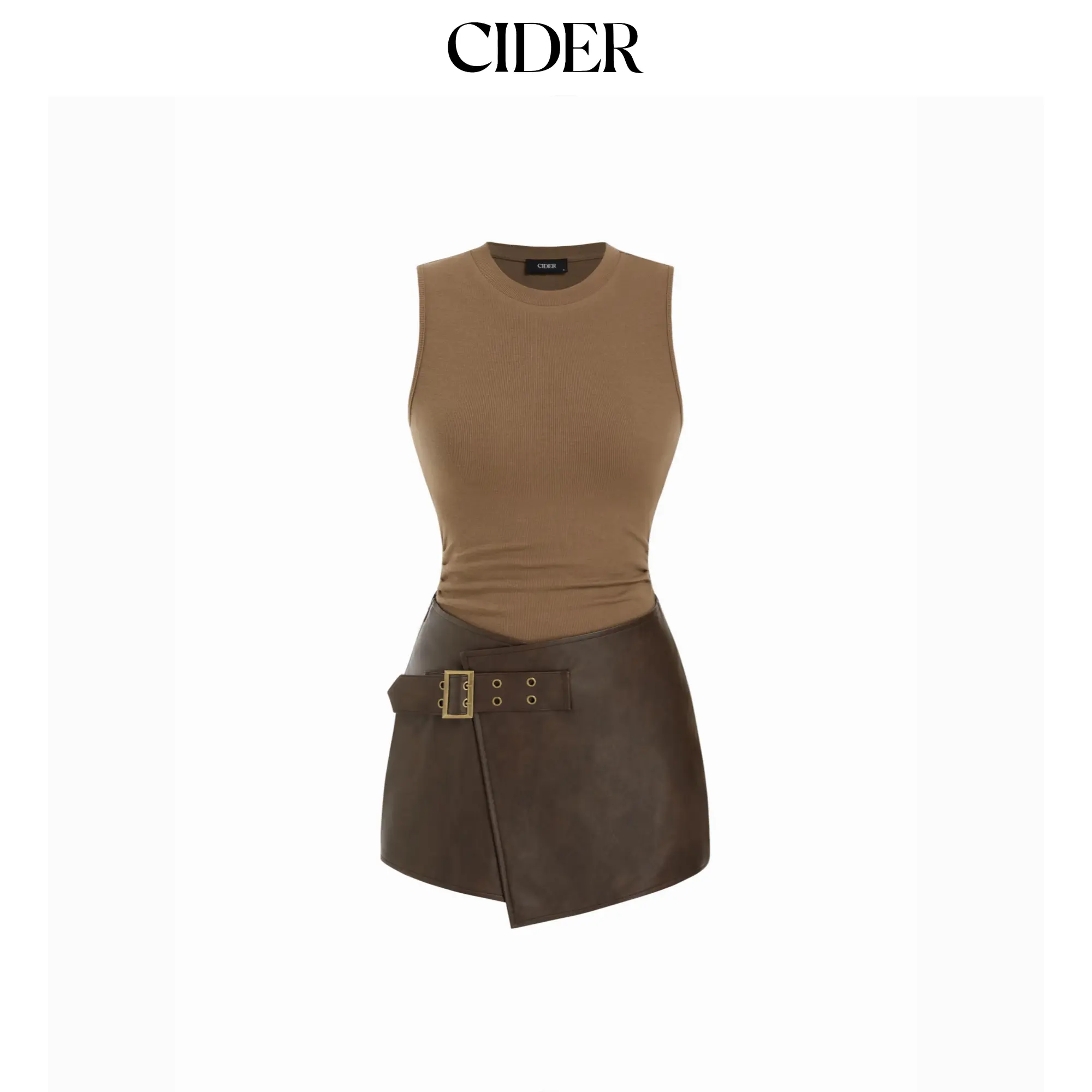 Cider Women's 2-Piece Cotton-Blend Ruched Bodysuit & Belted Asymmetrical Skirt Set