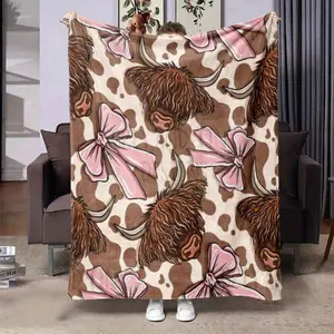 Highland cow and pink bow tie flannel blanket - Soft and warm all-season throw for office, bed, sofa, camping - Modern and comfortable gift with background design, cow blanket