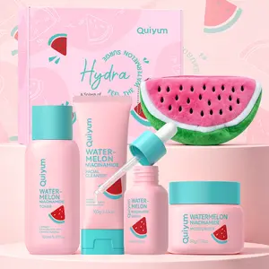 QUIYUM Pink Watermelon Skincare Gift Box | 5 Items Niacinamide Brightening & Soothing Hydrating Facial Kit | Daily Hydration Routine with Cleanser, Toner & Serum | Comes with Viral Watermelon Pencil Case