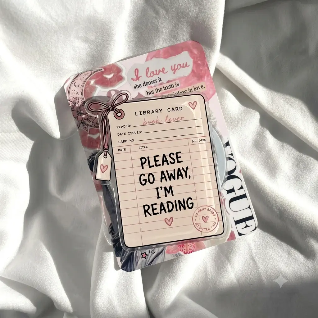 Please Go Away I'm Reading Acrylic Phone Grip, Library Card Book Lover Phone Stand Holder, Cute Reader Accessory, Gift for Her, Teachers, Librarians and Book Club Fans