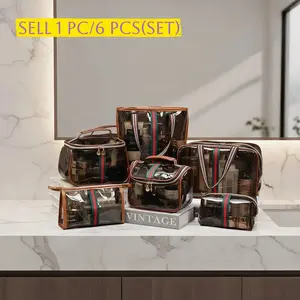 1/6 Counts Large Capacity Transparent Makeup Bag, Vintage Luxury Style, Multiple Designs Available, Portable Cosmetic Storage Bag for Toiletries & Cosmetics, Multi-Functional Tote bags, Travel Organizer, Transparent Vanity Bag