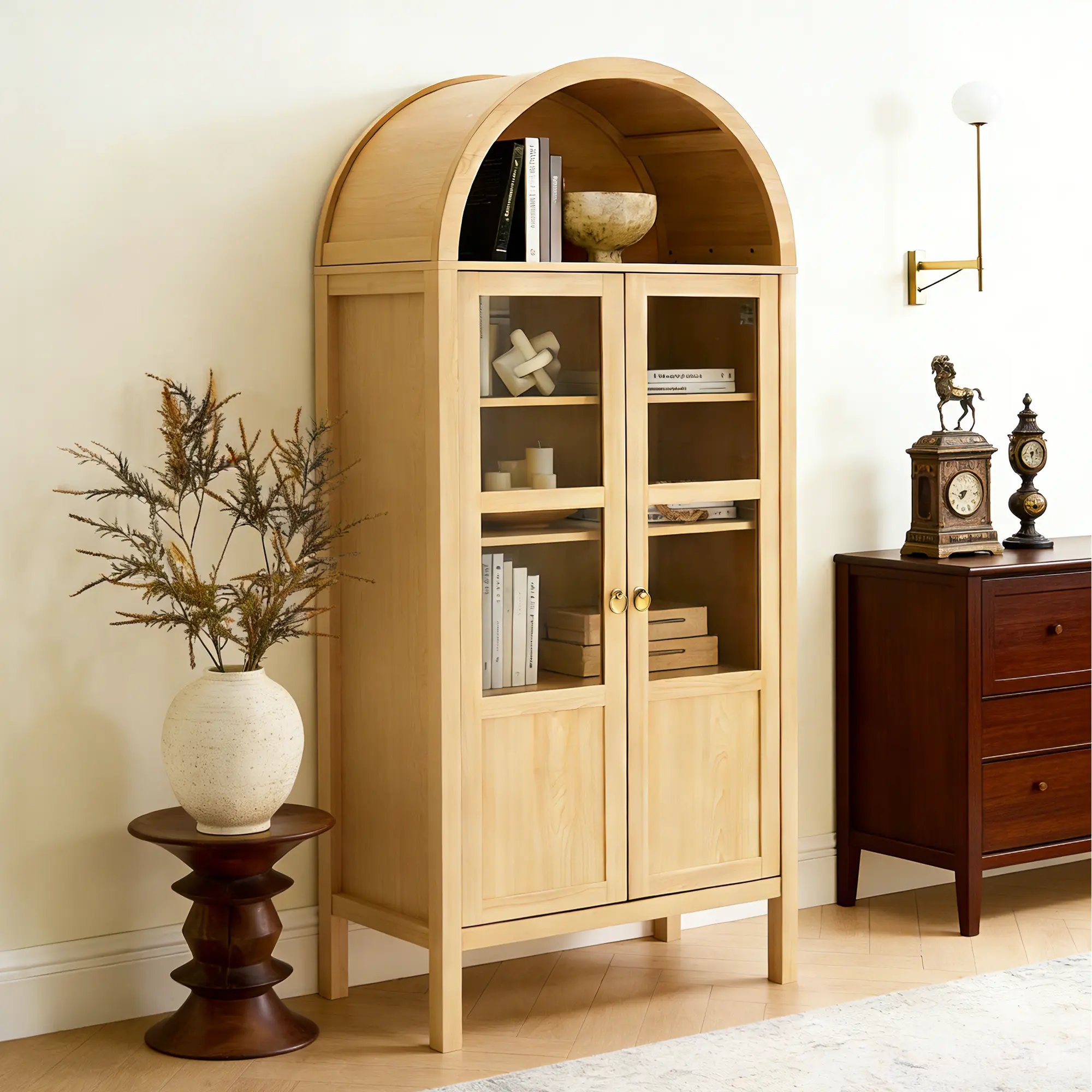 Sweetcrispy Oak Wood Tall Cabinet, 71" Tall Storage Display Cabinet with Rounded Arched Top and 2 Doors, Home Storage Cabinet, Storage Cupboard