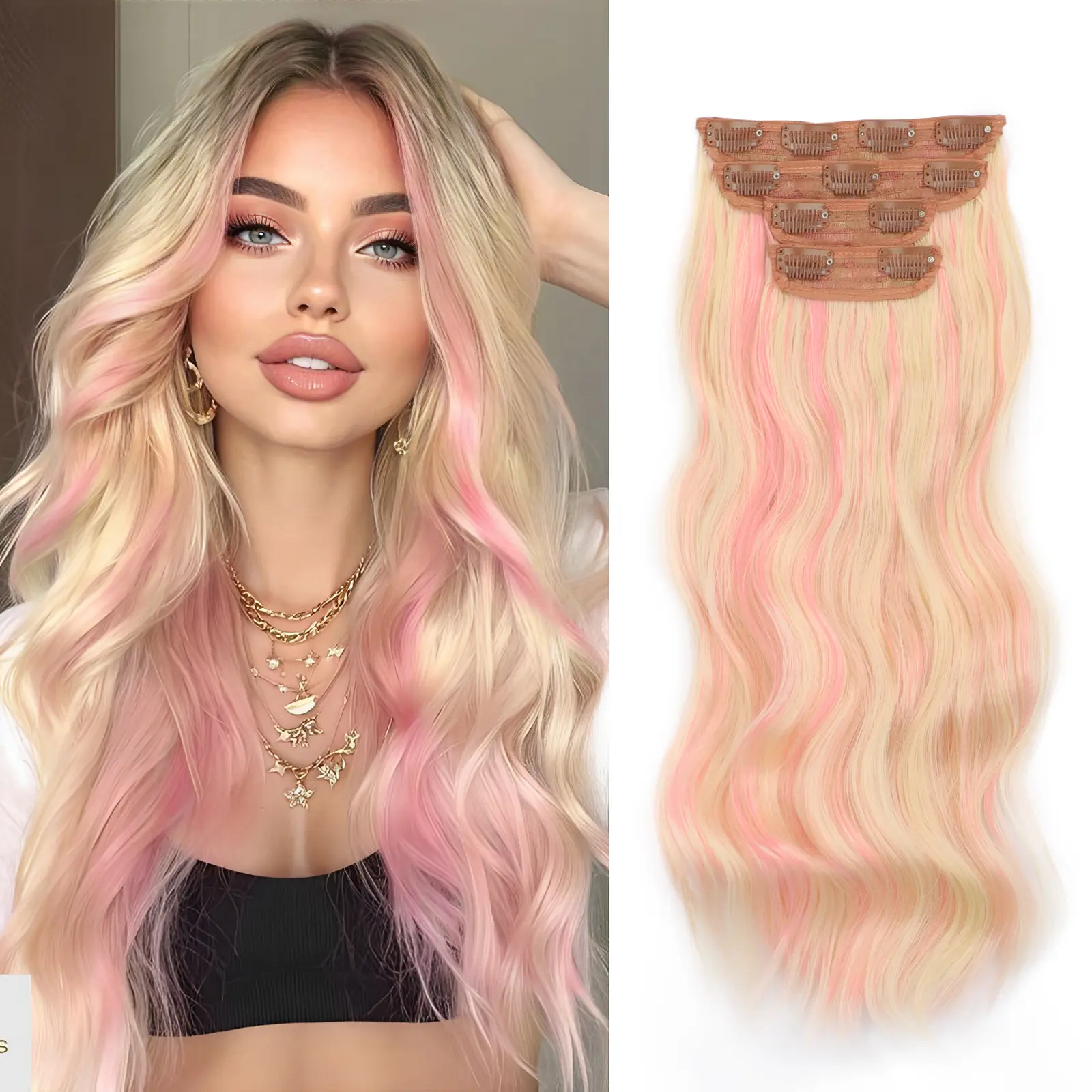 Iridescent Clip in Hair Extensions 20Inch 4PCS Hair Extensions Hairpieces Clip Ins Soft Synthetic Hairpieces for Women