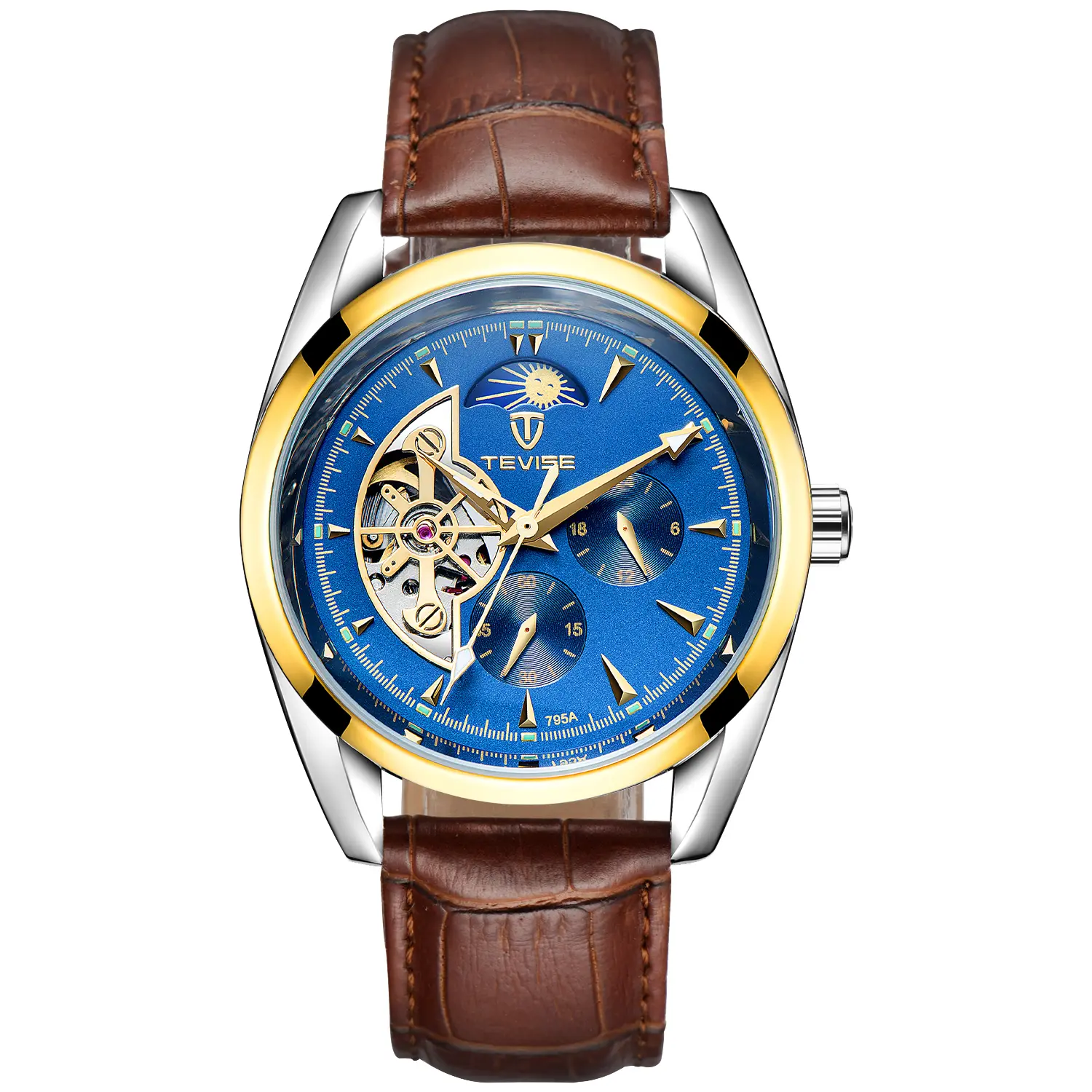 TEVISE men's automatic watch, men's hollowed-out watch with cowhide strap, hollowed-out, self-winding mechanical watch, celestial calendar wristwatch, flywheel, suitable for giving to family members, partners, and friends relojes para hombres