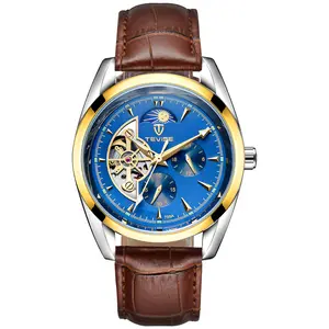 TEVISE men's automatic watch, men's hollowed-out watch with cowhide strap, hollowed-out, self-winding mechanical watch, celestial calendar wristwatch, flywheel, suitable for giving to family members, partners, and friends relojes para hombres