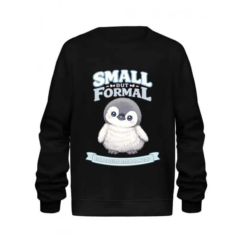 Women's Printed Penguin Graphic Longsleeves Sweatshirt - Small Formal Crewneck Pullover, Cozy Black Everyday Apparel, Gift for Penguin Lovers