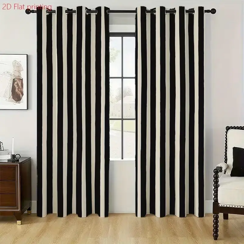 Black and white vertical stripe curtains, Window Curtain, home decoration curtain, Home Decorative Curtain, 2-piece set of semi transparent curtains, modern minimalist style, suitable for living rooms, bedrooms - machine washable polyester fabric