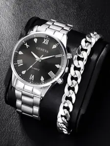 Men's Stainless Steel Watch Set with Roman Dial, Casual Quartz Wristwatch, Analog Watches, Silver Color Business Fashion, Perfect Gift