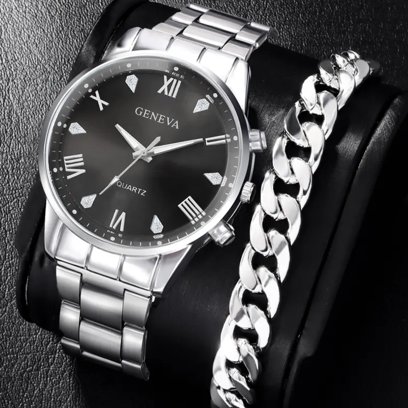 Men's Stainless Steel Watch Set with Roman Dial, Casual Quartz Wristwatch, Fashionable Wristwatch, Analog Watches, Analog Wristwatches, Durable Watch, Silver Color Business Fashion, Perfect Gift