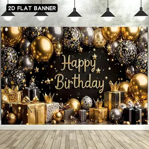 1pc 2D Flat Happy Birthday Party Banner - Black, Golden, Silvery Crown and Star Print, Durable Polyester Backdrop, Decoration for Living Room, Outdoor Celebrations
