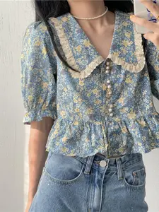 Women's Elegant Floral Print Layered Sleeve Blouse, Fashionable Summer Shirt, Perfect Holiday Gift, Slim-Fitting Style, Womenswear