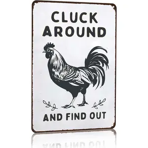 Funny Chicken "Cluck Around and Find Out" Metal Tin Sign, 8x12 Inch, for Farmhouse Decoration, Home Office Decor, Farm Chicken Coop, Kitchen Garden Home Decor