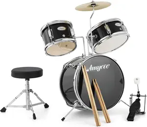 3-Piece Beginner Drum Kit, Durable Wood Musical Instrument with Cymbal, 2 Drumsticks, Pedal, 2 Toms, Throne Stool, Black Christmas Gift for Kids