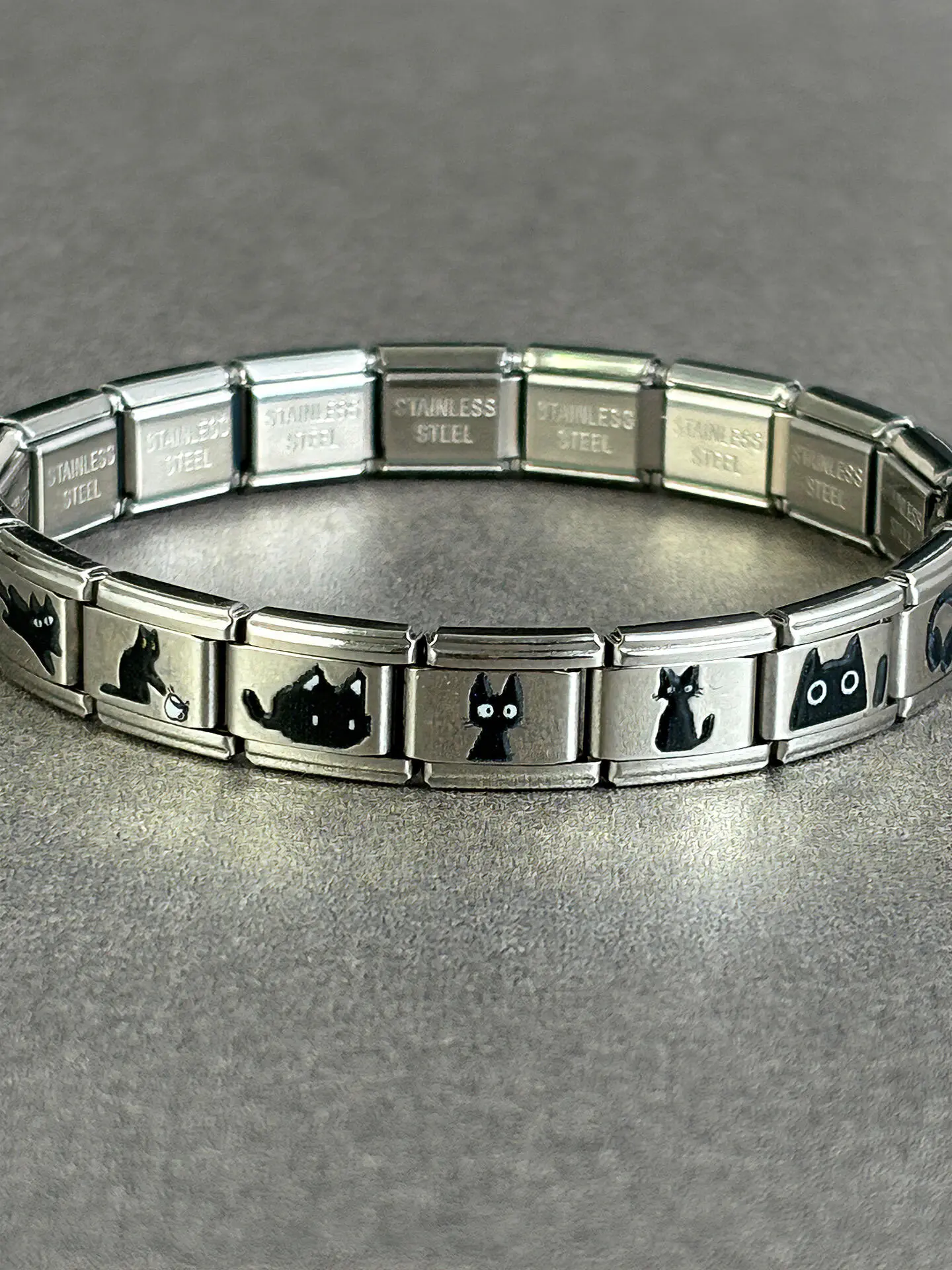 Italian Charm Bracelet, 18 Cute Black Cat Stainless Steel Links, 100% Waterproof & Fade-Proof, 17.5cm Adjustable with Tool for Cat Lovers, 16 Grams