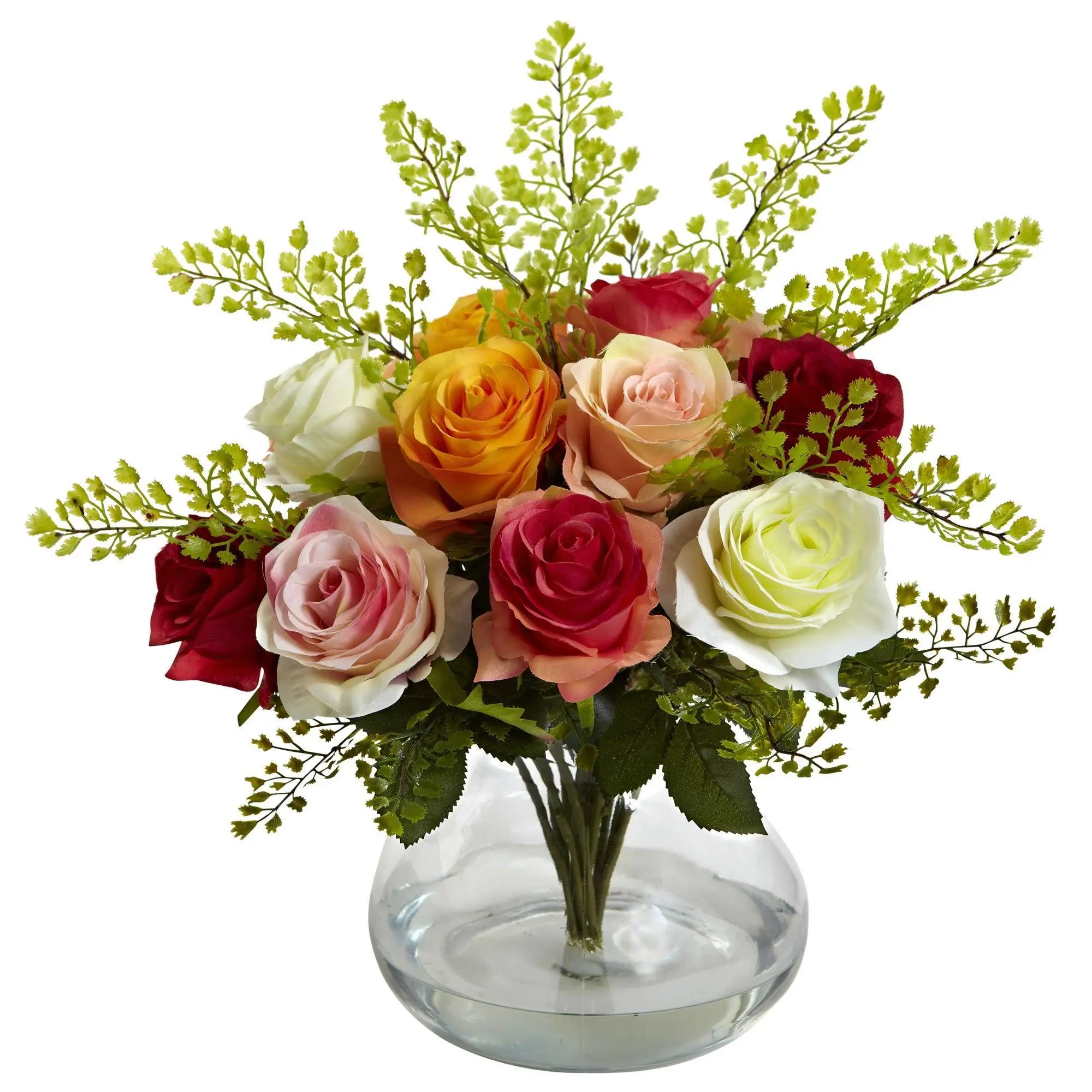 Rose & Maidenhair Decorative Floral Arrangement with Glass Vase - Floral Decor, Romantic Look Home Decor Centerpiece, Ideal Gift