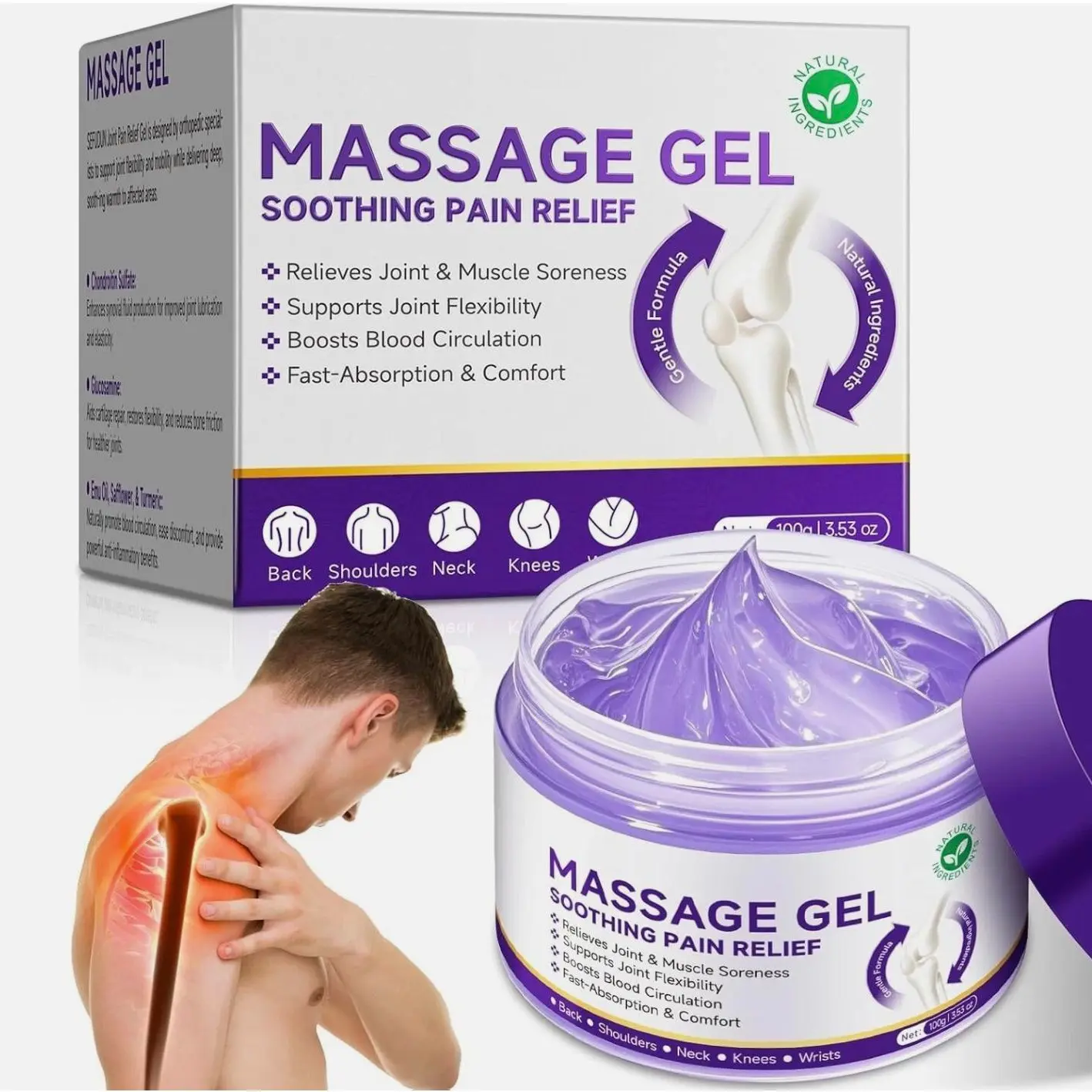 Purple Massage Gel Soothing Pain Relief for Joint & Muscle Soreness Supports Flexibility Boosts Blood Circulation Fast Absorption Comfort with Sallflower , Emu Oil, Tumeric