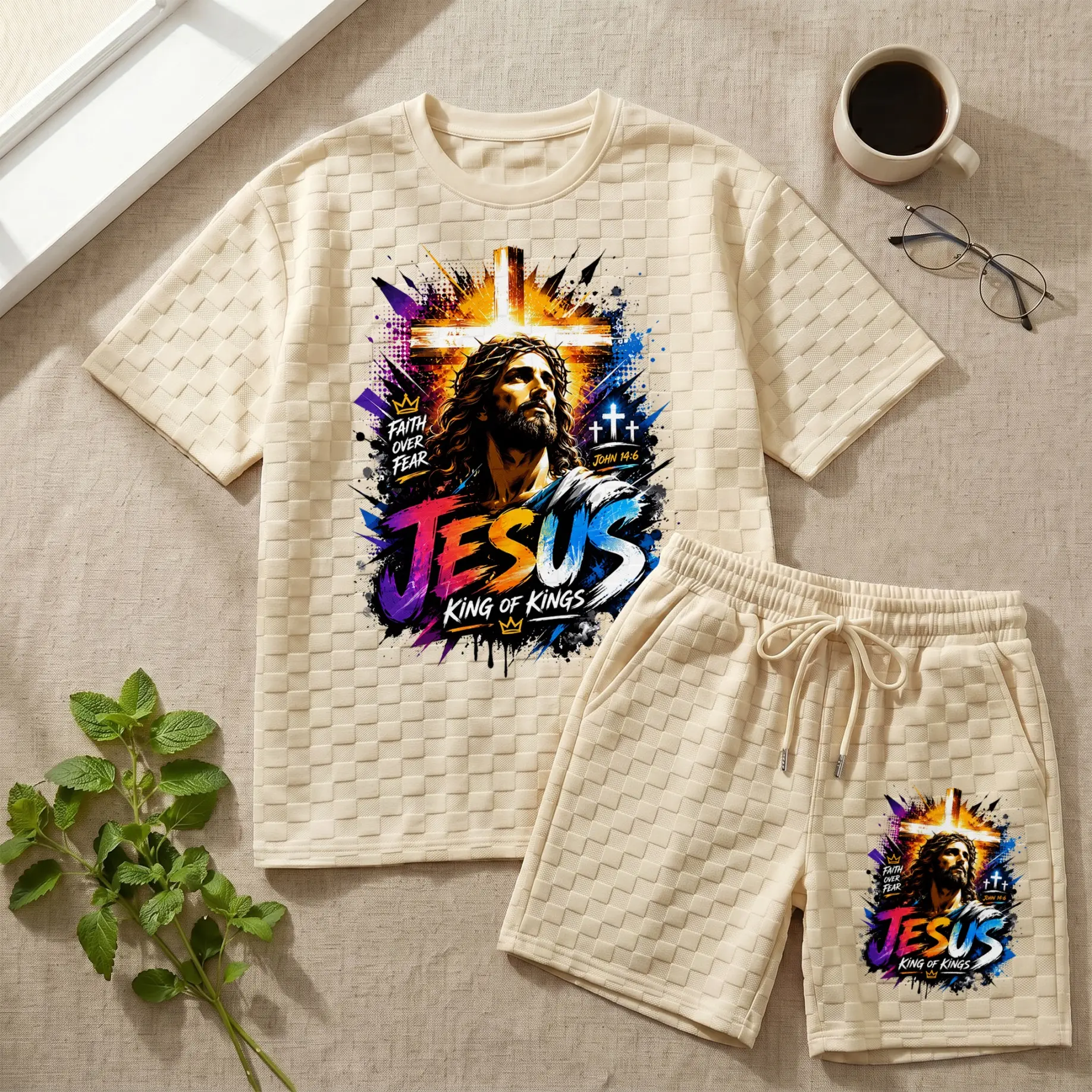 Men’s Jesus King Of Kings Graphic Textured T-Shirt & Drawstring Shorts Set, Christian Faith Two Piece Outfit For Daily Wear And Sports