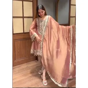 Peach Chanderi Mirror Work Tulip Dhoti Kurta Set with Dupatta
