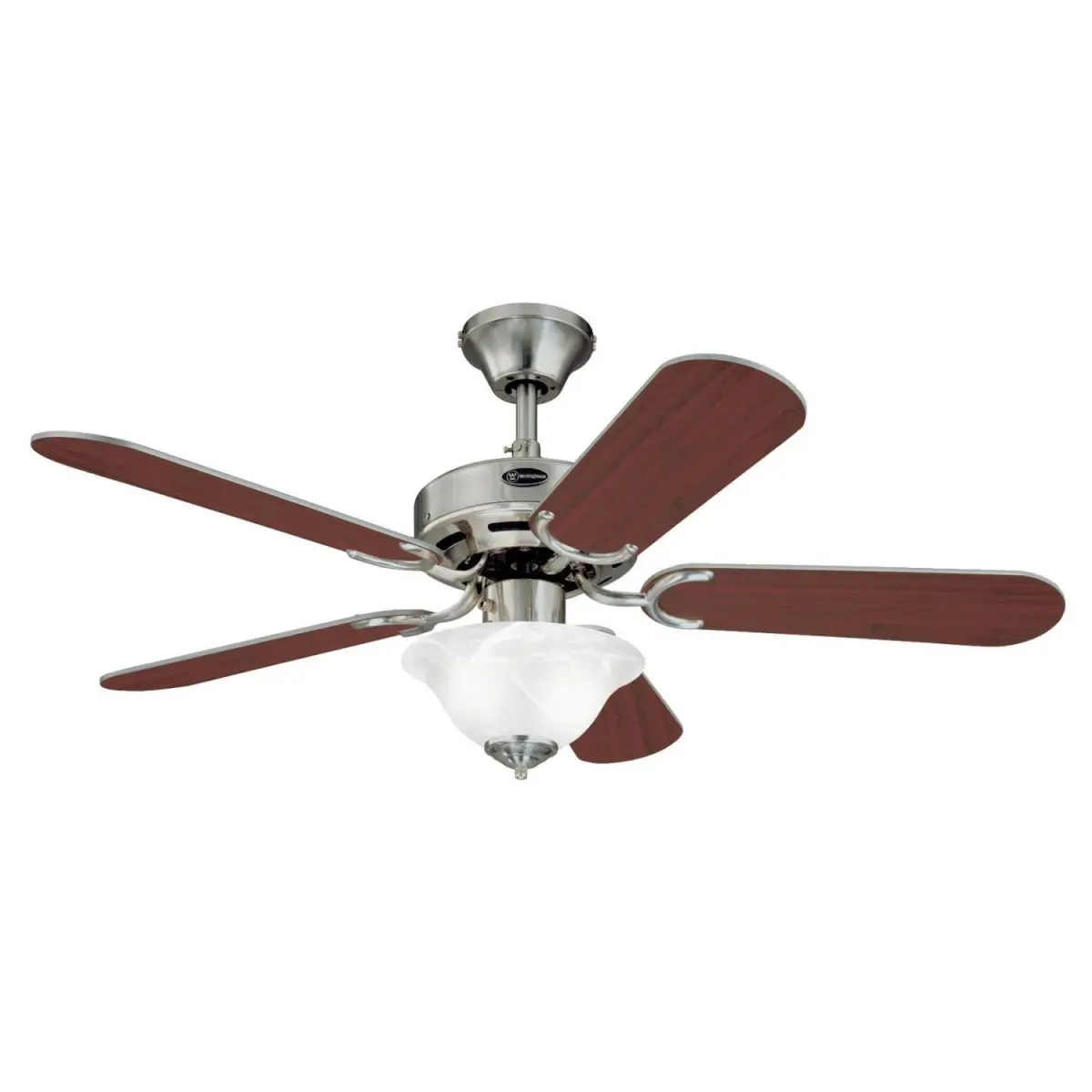 Westinghouse 42 in. Brushed Nickel Flat Blade Ceiling Fan with Reversible Blades, Frosted White Alabaster Glass, Rosewood & Light Maple Finishes, Flat Blade Ceiling Fans