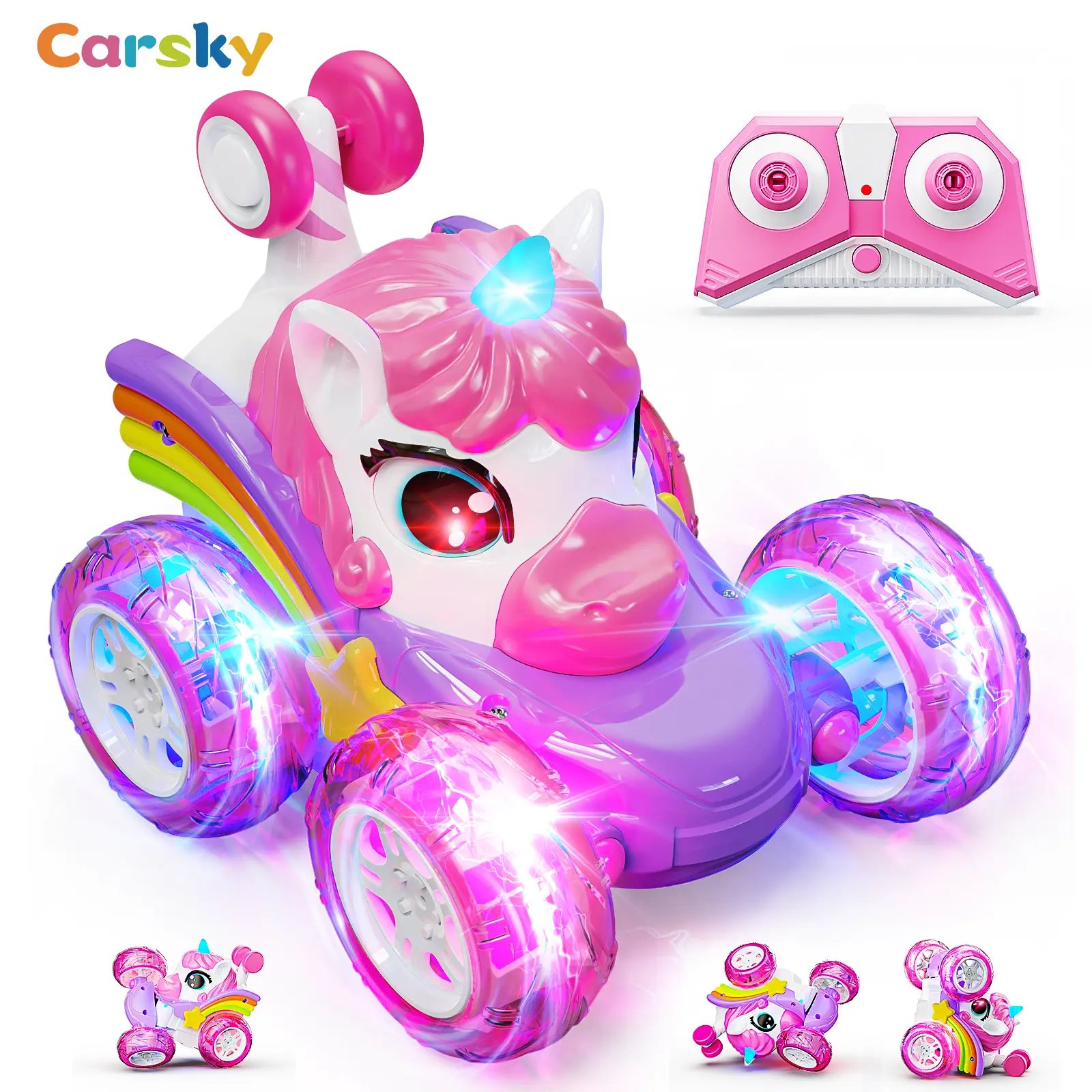 Carsky Unicorn Remote Control Car for Toddlers 1-3, 360° Rotating Pink 4WD Stunt RC Cars with LED Lights, Rechargeable Rc Car Christmas Birthday Gifts for Kids Girl Toys