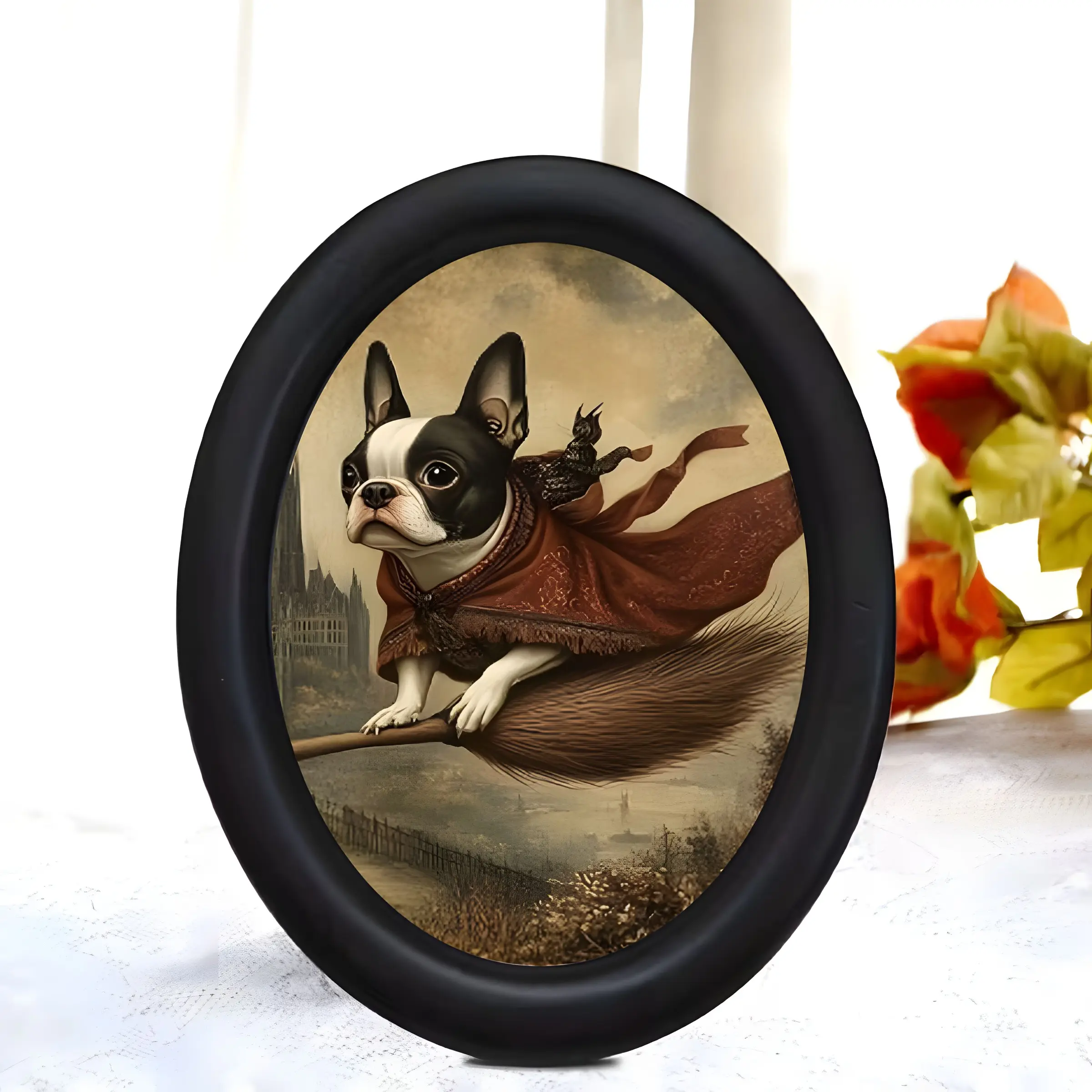 Vintage Fantasy Wizard Decoration, Oval Frame Fun Desk Ornament, Riding Broomstick Bulldog Witch Decor, Unique Tabletop Piece, Creative Desktop Ornament, Gift, Home Decor Gifts
