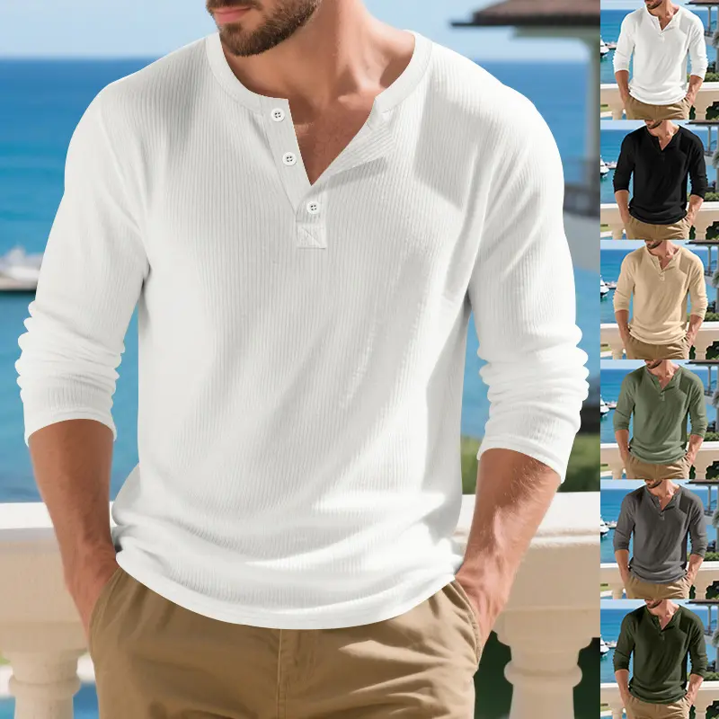 Men's Slim Fit Long-Sleeve Textured Henley T-Shirt - 3-Button Placket, Henry Collar, Vertical Ribbing, Drapey Fabric, Ribbed Hem, Solid Color - Ideal for Everyday Wear, Commuting