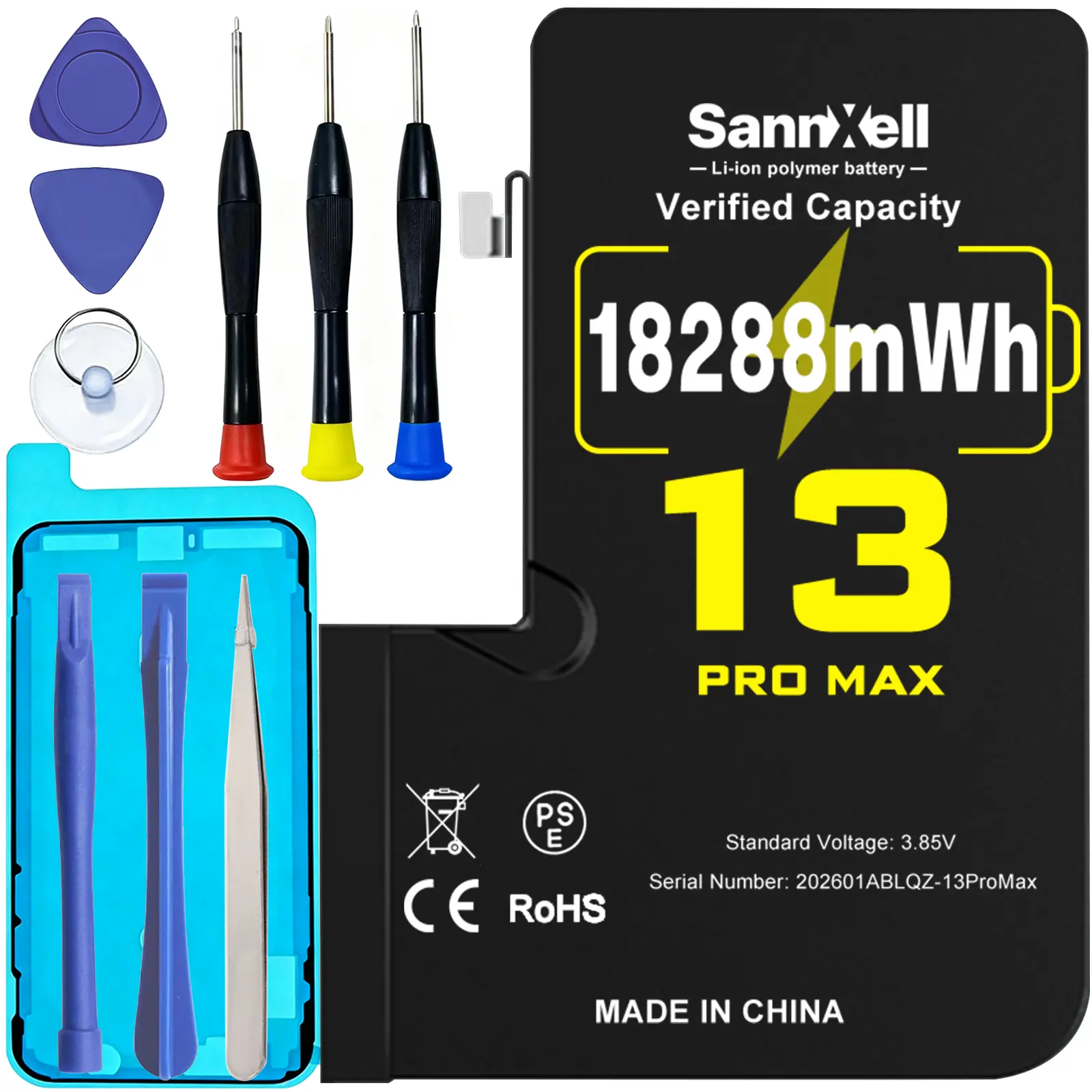SannXell Upgraded High-Capacity Aluminium Battery for iPhone 13 Pro Max (Phones & Electronics Accessories), 18288mWh 0-Cycle 4500 to 5209 mAh Li-Po Cell, Auto Lock Tech, Dual Fuse, Compatible with A2484 A2641 A2643 A2644 A2645, Full Repair Tool Kit, Box,
