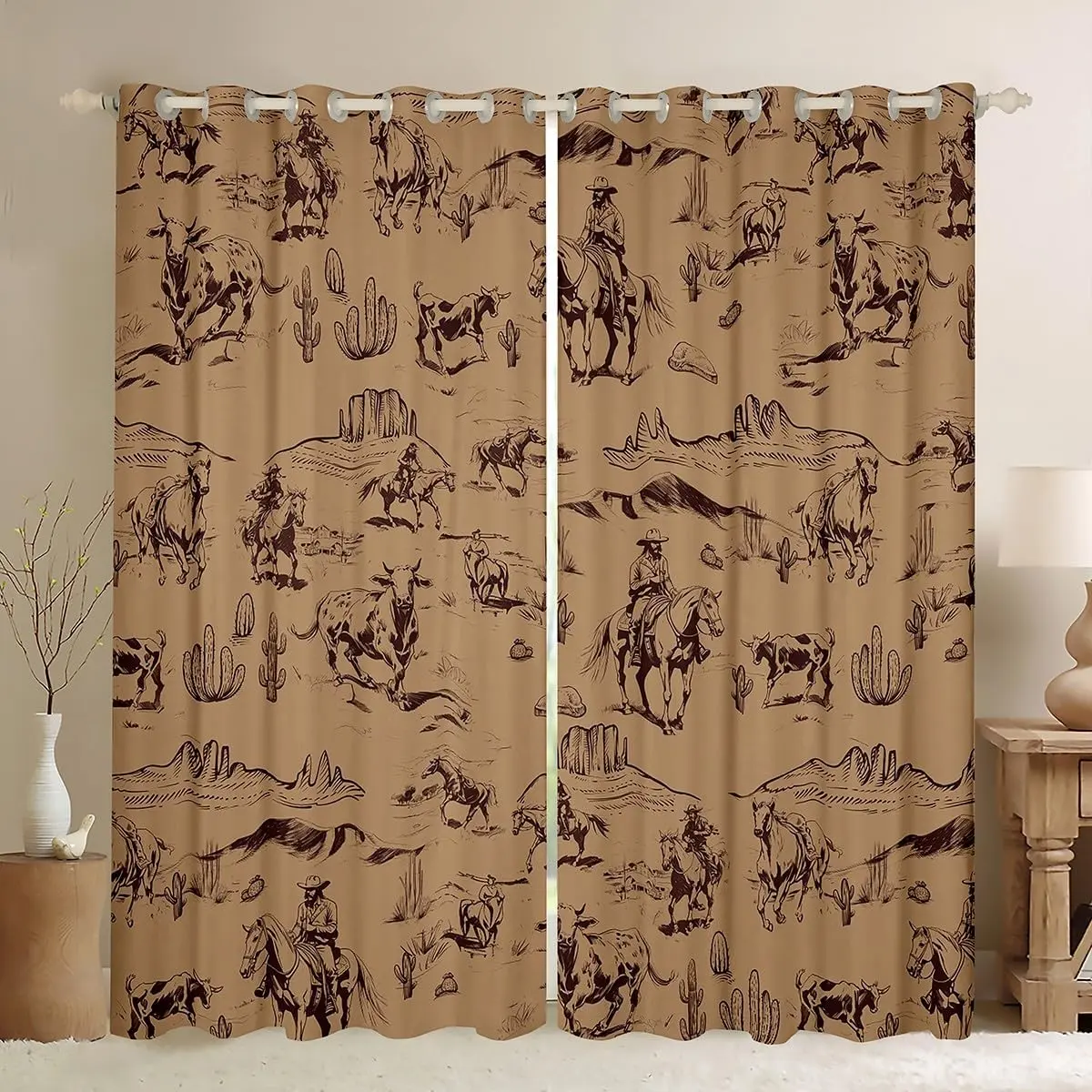 Feelyou Wild West Cowboy Velvet Blackout Grommet Curtain Panels - Easy-to-Clean, Country Theme, Multi-Size Household Drapes, Brown Rodeo Decor, Window Curtain, Bedroom Use, 30-50% Dimming, Privacy Blocker