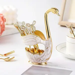 6pcs Premium Zinc Alloy Golden Swan Base Holder Set - Elegant, Intricate Design, Decorative Dessert Spoon Organizer with Matching Coffee Spoons for Table Decor