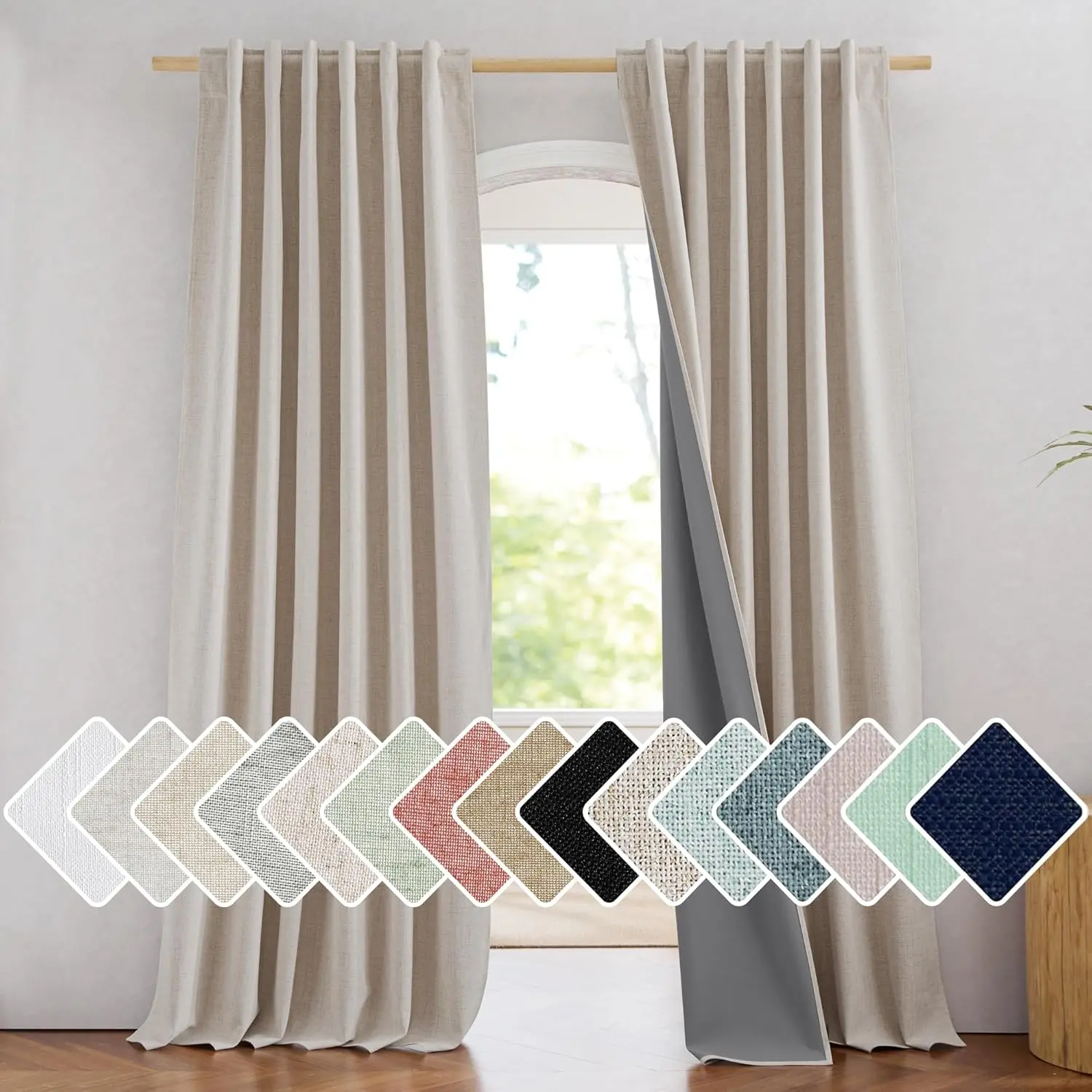 NICETOWN Double Layer 100% Blackout Natural Linen Curtains - 2 Panels (52" W x 95" L) with Thermal Liner, Farmhouse Style Thermal Insulated Drapes for Bedroom/Living Room Small Windows, Double Layer Curtains, Full Blackouts