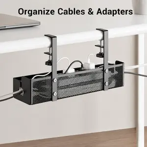 UFORU  Under Desk Cable Management Tray No Drill, Clamp-On Metal Mesh Desk Organizer Basket, Under Desk Storage Shelf for Power Strip, Cords, Chargers, Adapters, Office, Computer Desk and Home Workspace