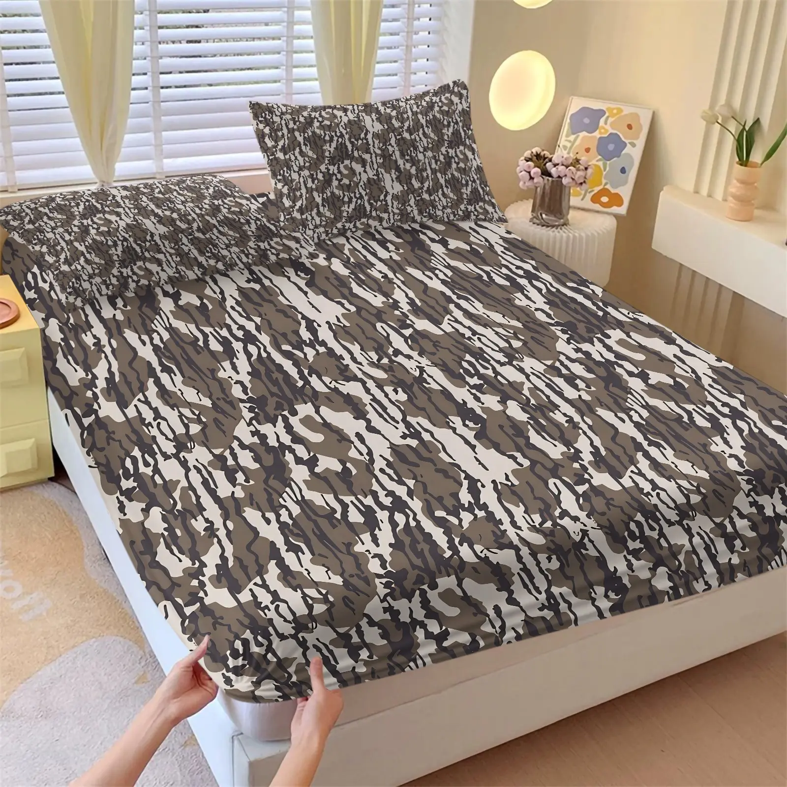 Neutral Camo Fitted Sheet Set, Army Bed Sheets, 1 Fitted Sheet + 2 Pillowcases, Brown & Grey Camouflage Pattern Bedding, Ultra-Soft, Comfortable & Breathable Microfiber, All Season Use, Deep Pocket, Non-Slip, Perfect for Outdoor Style Lovers