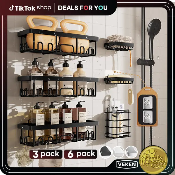【DEALS FOR YOU】Veken 6-Pack Life-Changing Rustproof Shower Caddy, Effortless No-Drill Wall Shelves with Soap Holder, End Bathroom Clutter for Good, Multi-use Kitchen & Home Storage