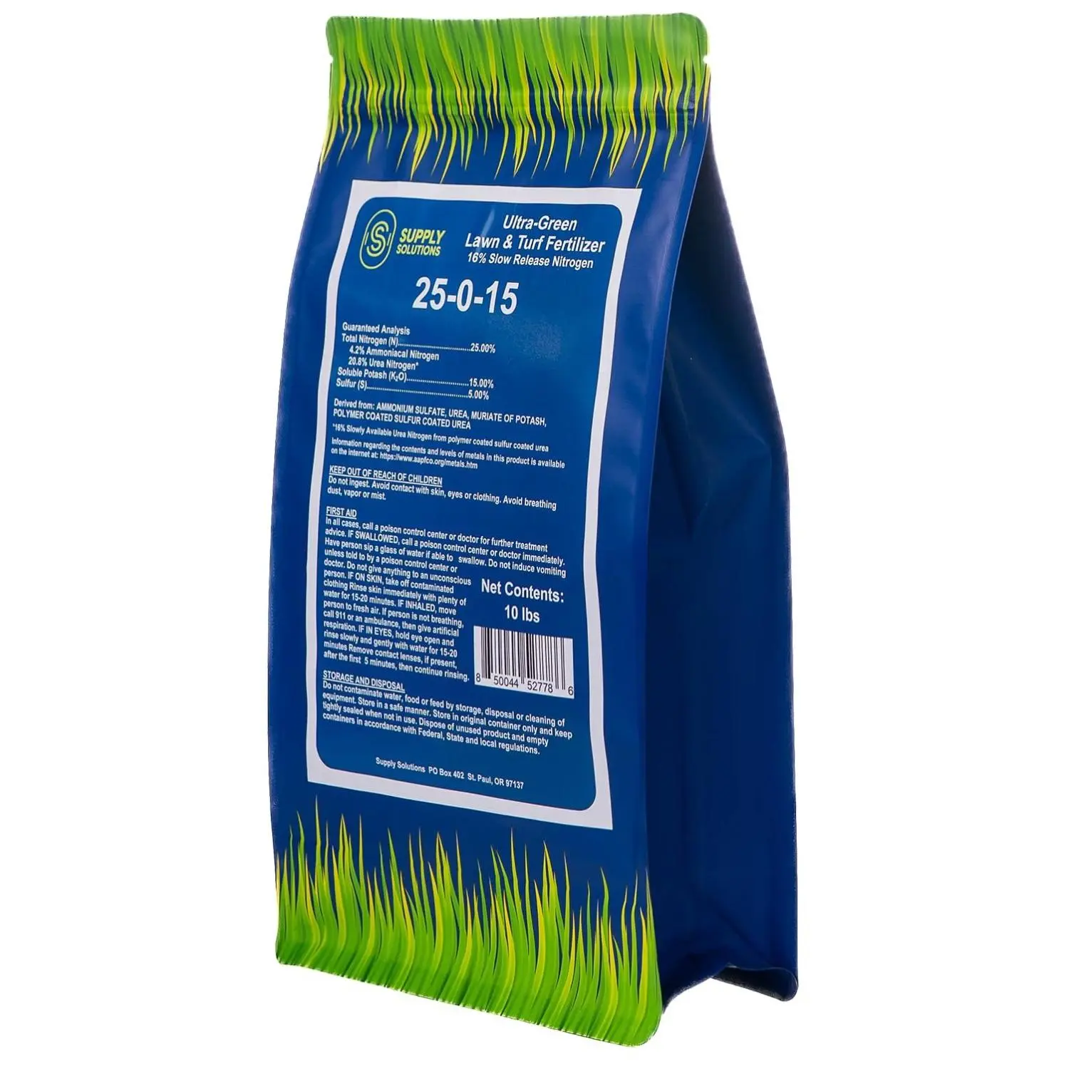 Supply Solutions 25-0-15 Ultra Green Lawn & Turf Fertilizer 16% Slow Release Nitrogen Promotes Lush Green Lawns Strong Root Growth Reduces Mowing Frequency 10 Pounds