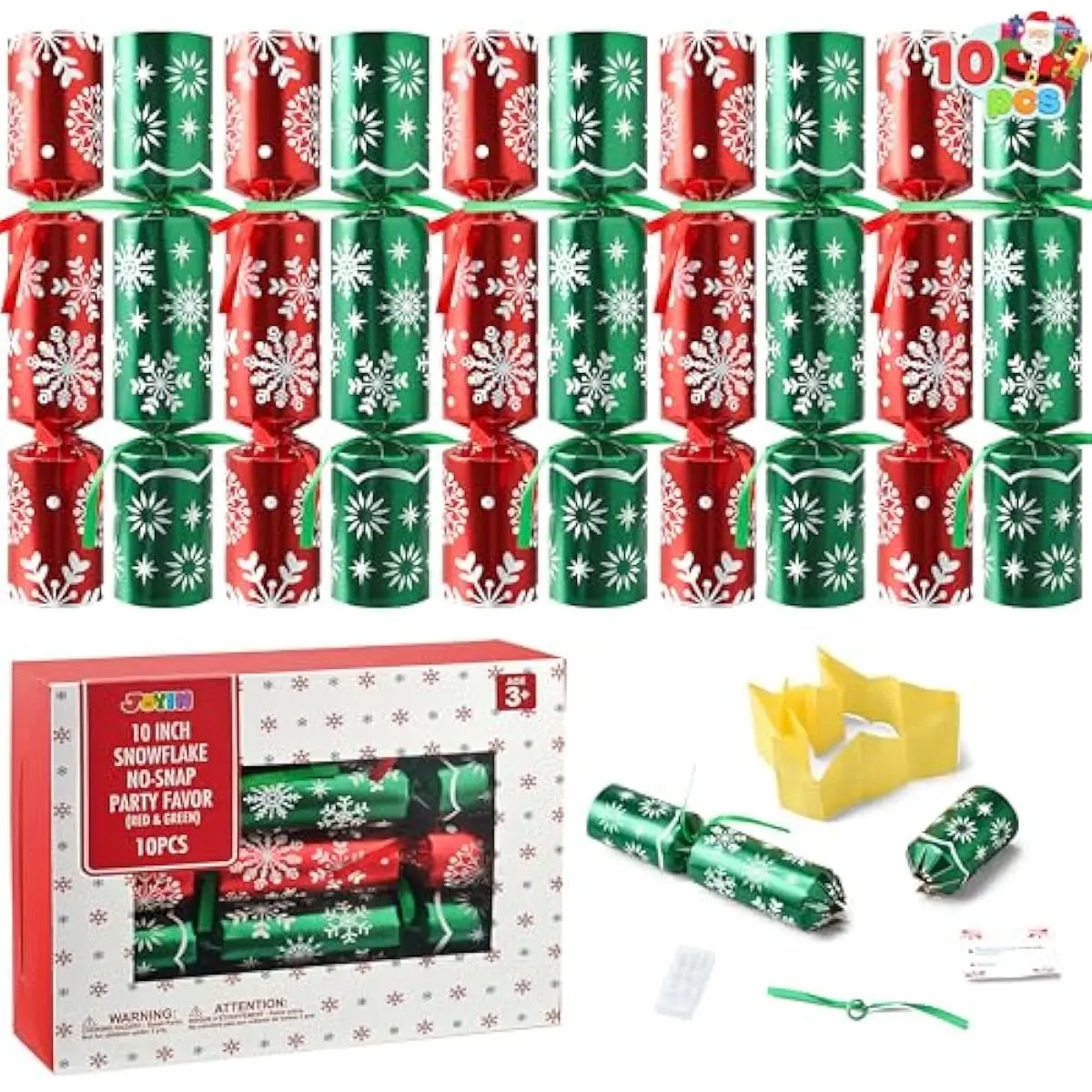 10 Pack Christmas Non-Snap Party Favor, Red & Green Snowflake Table Favor Includes Party Hat, Jokes & Gifts, Christmas Table Decorations for Holiday Dinner Traditions Party Supplies